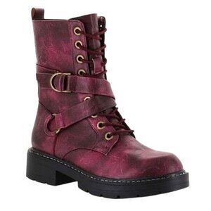 Seven7 Cardi B Vegan Leather Combat Boots 8 Mid Calf Lace Up Buckle Harness Wine